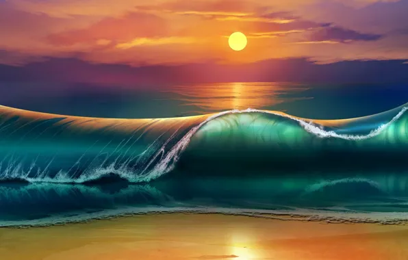 Waves, beach, sky, sea, nature, Sun, sunset, art