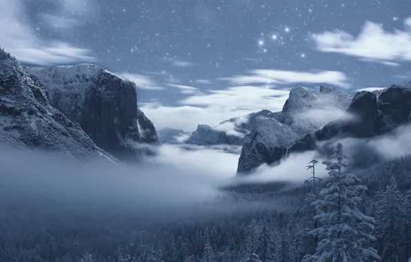 Winter, forest, mountains, CA, California, Yosemite Valley, Yosemite National Park, Sierra Nevada