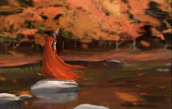 Autumn, red, lake, stones, the wind, warrior, art, horns