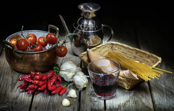Picture spaghetti, garlic, oil and hot peppers, glass of wine, good food, painting with light, food