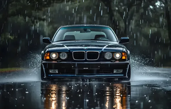 Picture car, BMW, rain, tree, dark blue