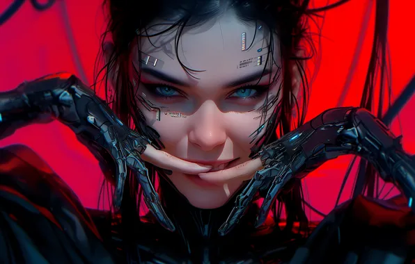 Girl, fantasy, robot, science fiction, blue eyes, sci-fi, cyberpunk, digital art