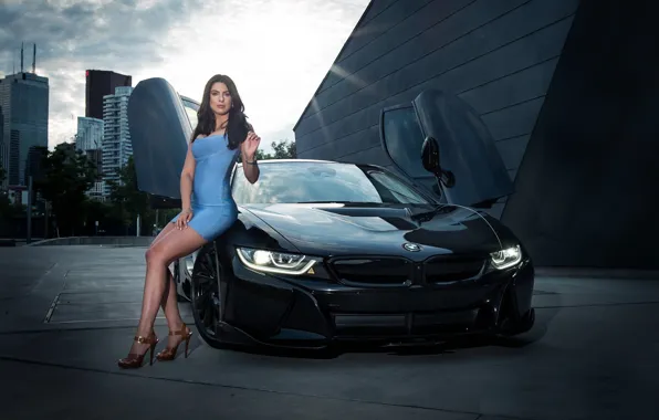 Look, Girls, BMW, beautiful girl, black car, posing on the car