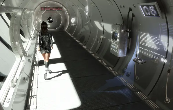 Girl, future, fiction, ship, corridor, fantasy, space