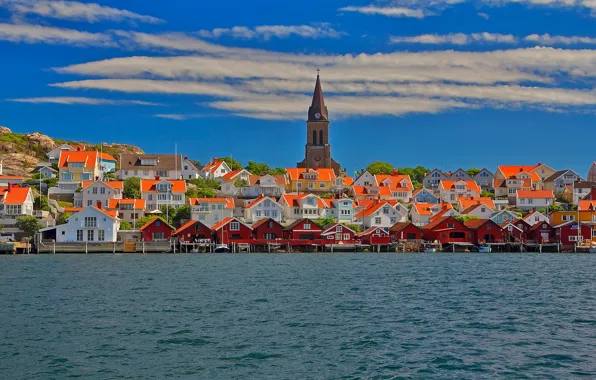 Sea, clouds, landscape, home, Church, Sweden, Fjällbacka