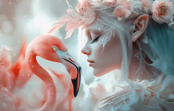 Girl, flowers, bird, feathers, fantasy, profile, Flamingo, AI art