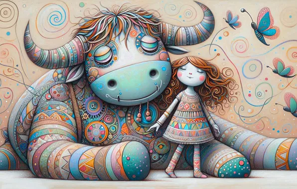 Patterns, butterfly, cow, styling, girl, ornament, bull, doll