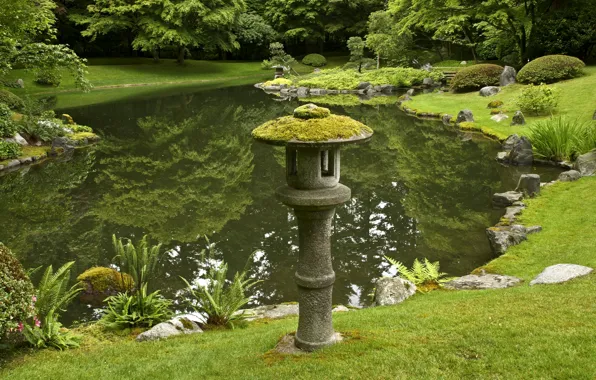 Picture grass, trees, pond, Park, stones, Canada, lantern, Vancouver