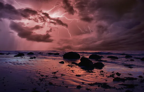 Sea, the storm, wave, the sky, clouds, stones, shore, lightning