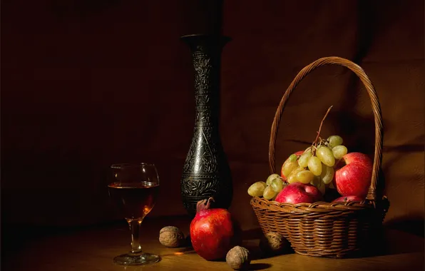 Glass, Apple, grapes, pitcher, nuts, still life, garnet