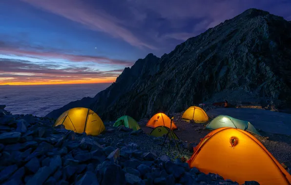 The sky, clouds, mountains, night, lights, darkness, stones, rocks