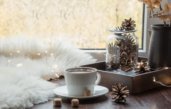 Autumn, coffee, window, Cup, fur