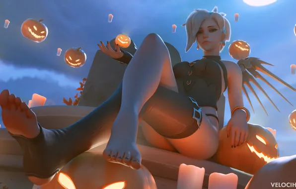 Picture candles, Angel, pumpkin, flying, character, pumpkins, Overwatch, Mercy