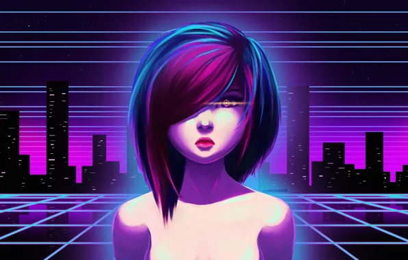Girl, Night, Music, The city, Neon, Background, 80s, 80's