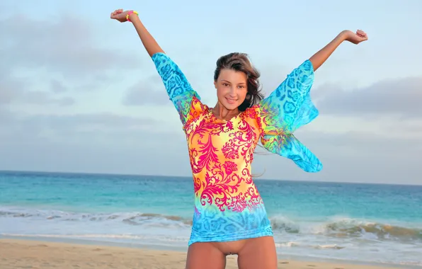 Water, Sand, Sea, Beach, Girl, Look, Wave, Smile