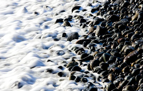 Sea, wave, beach, foam, water, pebbles, stones, background