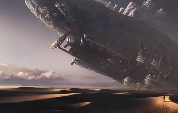 Picture the sky, clouds, traces, desert, people, ship, The ship of the desert