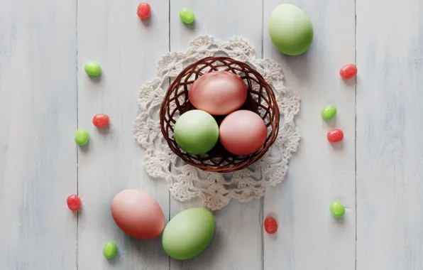Picture basket, eggs, spring, colorful, Easter, wood, spring, Easter