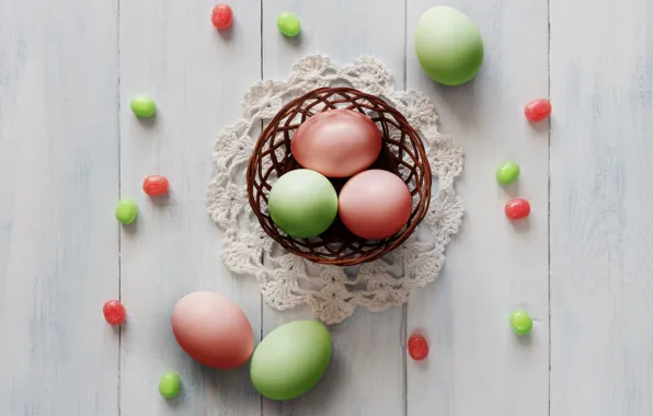 Basket, eggs, spring, colorful, Easter, wood, spring, Easter