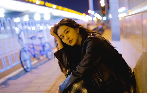 Look, girl, the city, lights, street, model, the evening, Asian