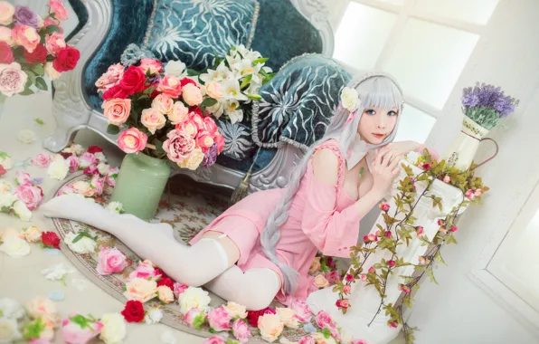 Chest, look, girl, light, flowers, face, sexy, pose