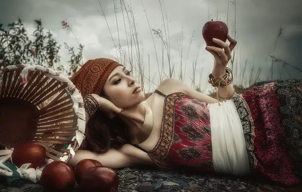 Girl, apples, Asian