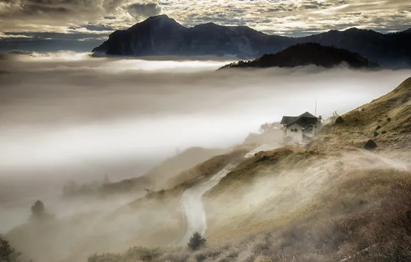 Picture clouds, mountains, fog, house