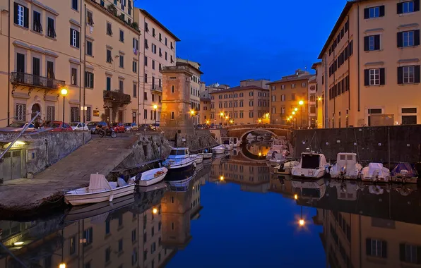 Night, lights, boat, home, Italy, harbour, Tuscany, Livorno