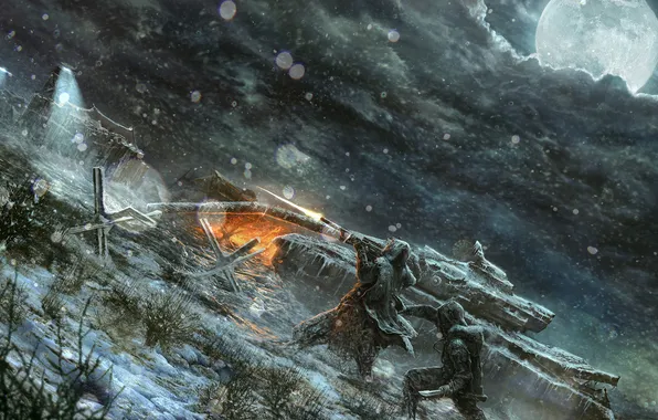 Picture snow, night, the moon, soldiers, knife, tank, sniper