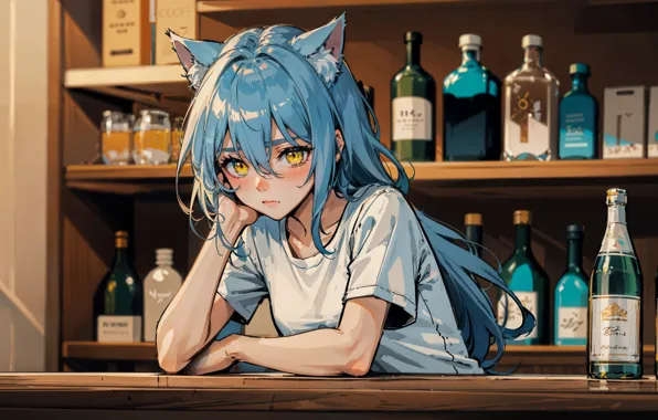 Bottle, blue hair, yellow eyes, bar, views, the bartender, white t-shirt, ears zhivotonogo