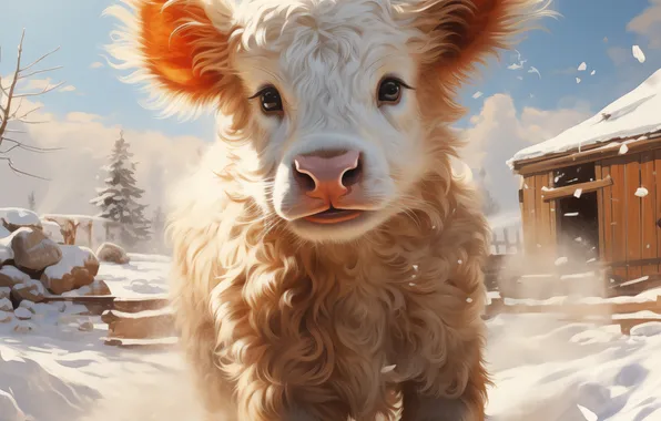 Winter, Look, Snow, House, Bull, Front, Digital art, AI art