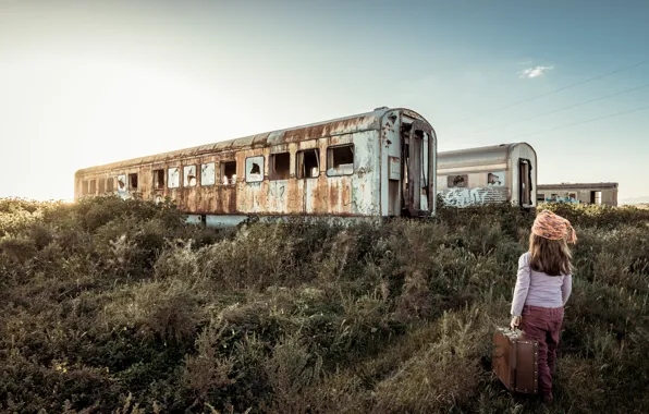 Cars, girl, suitcase