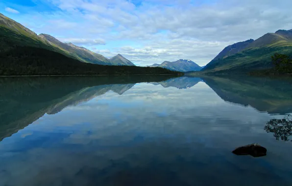 Forest, clouds, mountains, lake, reflection