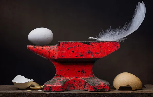 Pen, egg, still life, shell, anvil