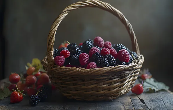 Berries, raspberry, Board, strawberry, grey background, basket, different, BlackBerry