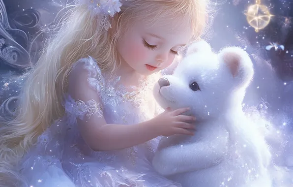 Winter, snow, Christmas, bear, blonde, girl, New year, bear