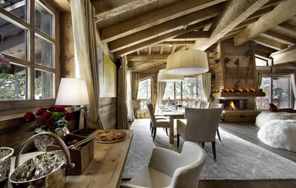 Trees, style, Villa, interior, fireplace, country