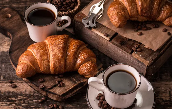 Coffee, mugs, grain, bokeh, saucers, croissants