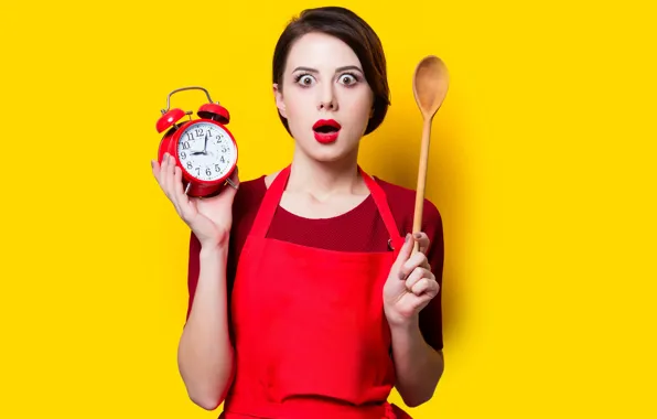 Girl, face, pose, yellow, background, watch, surprise, hands
