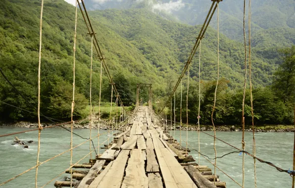 Picture the sky, mountains, bridge, river
