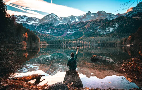 Mountains, stones, view, guy