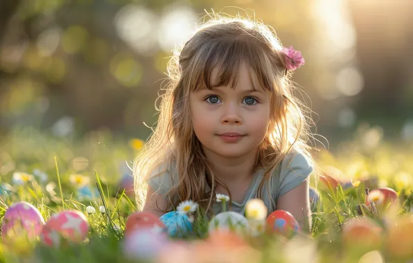 Holiday, glade, portrait, eggs, spring, Easter, girl, painted