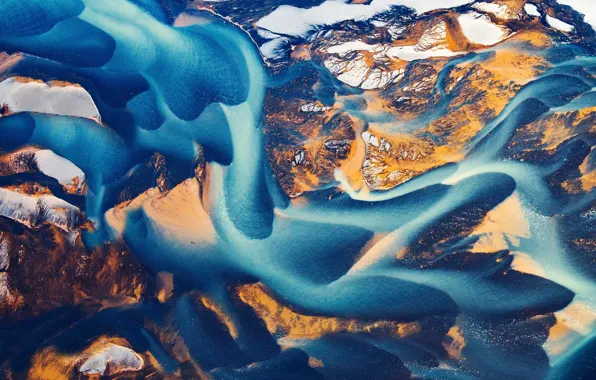 Sand, nature, dirt, Iceland, threads, river, the view from the top, aerial photography