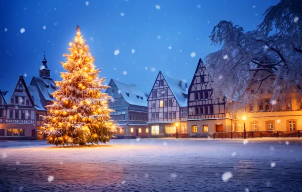 Winter, snow, decoration, night, the city, balls, street, tree