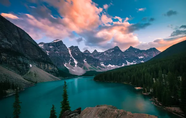 Forest, the sky, clouds, snow, mountains, lake, stones, rocks