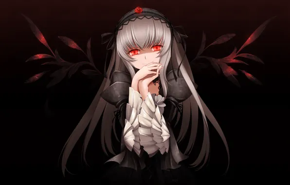 Girl, the dark background, wings, feathers, art, red eyes, rozen maiden, suigintou