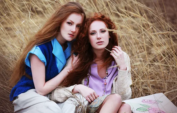 Picture grass, girls, the wind, figure, red, brown hair, views