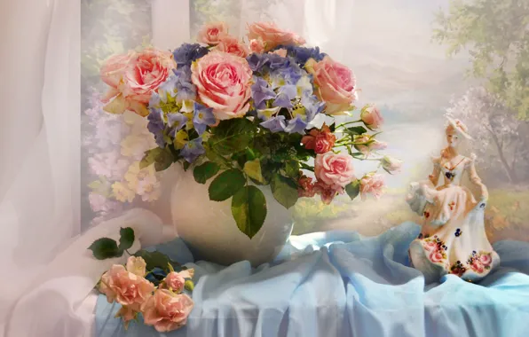 Picture trees, river, window, a bouquet of flowers, river, trees, window, tulle