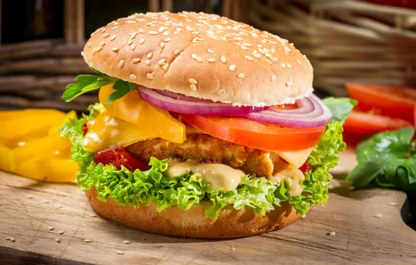 Picture leaves, cheese, bow, pepper, vegetables, tomatoes, hamburger, Patty
