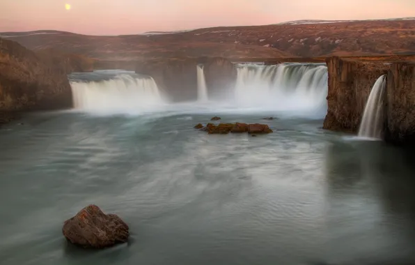 Twilight, Iceland, threads, river, waterfall of the Gods